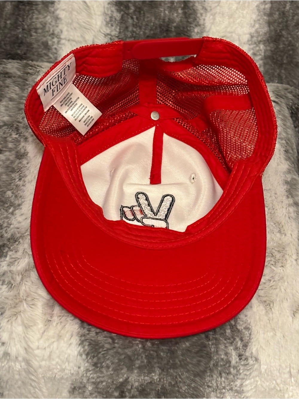 Red and White Trucker Hat with Peace Hand Patch - Picture 4 of 7